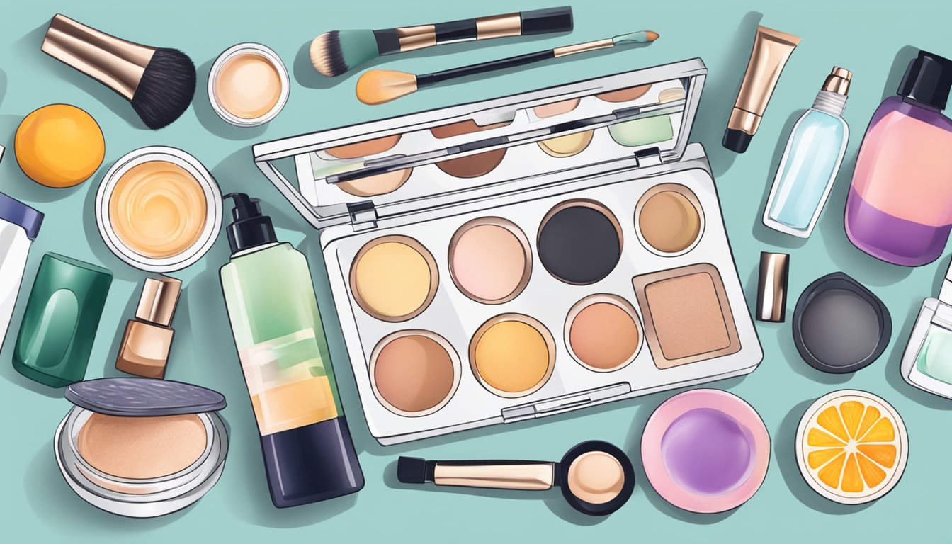 A makeup palette surrounded by various skincare products, with ingredients like hyaluronic acid and vitamin C prominently displayed