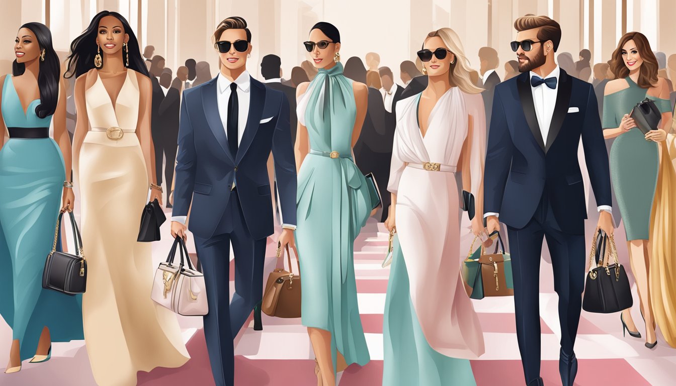 Celebrities carry designer handbags at red carpet events, showcasing signature styles and influencing popular brands