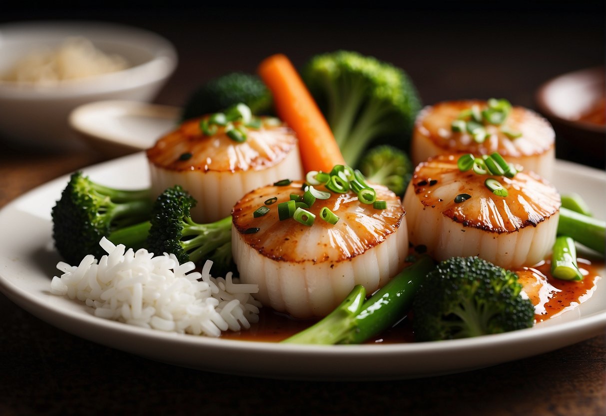 A plate of sizzling szechuan scallops surrounded by steamed broccoli, carrots, and jasmine rice. A small dish of spicy garlic sauce sits alongside