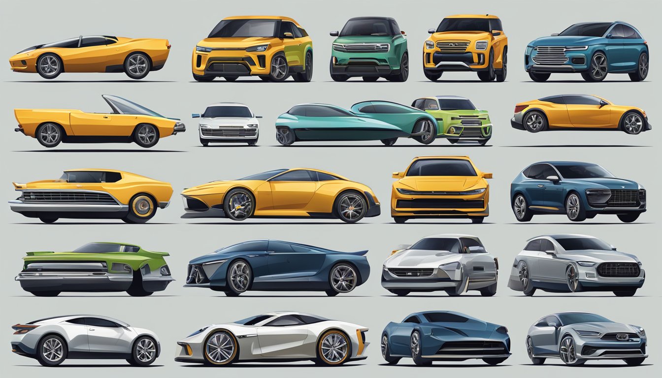 A lineup of iconic car models from various brands, showcasing their unique designs and legacies