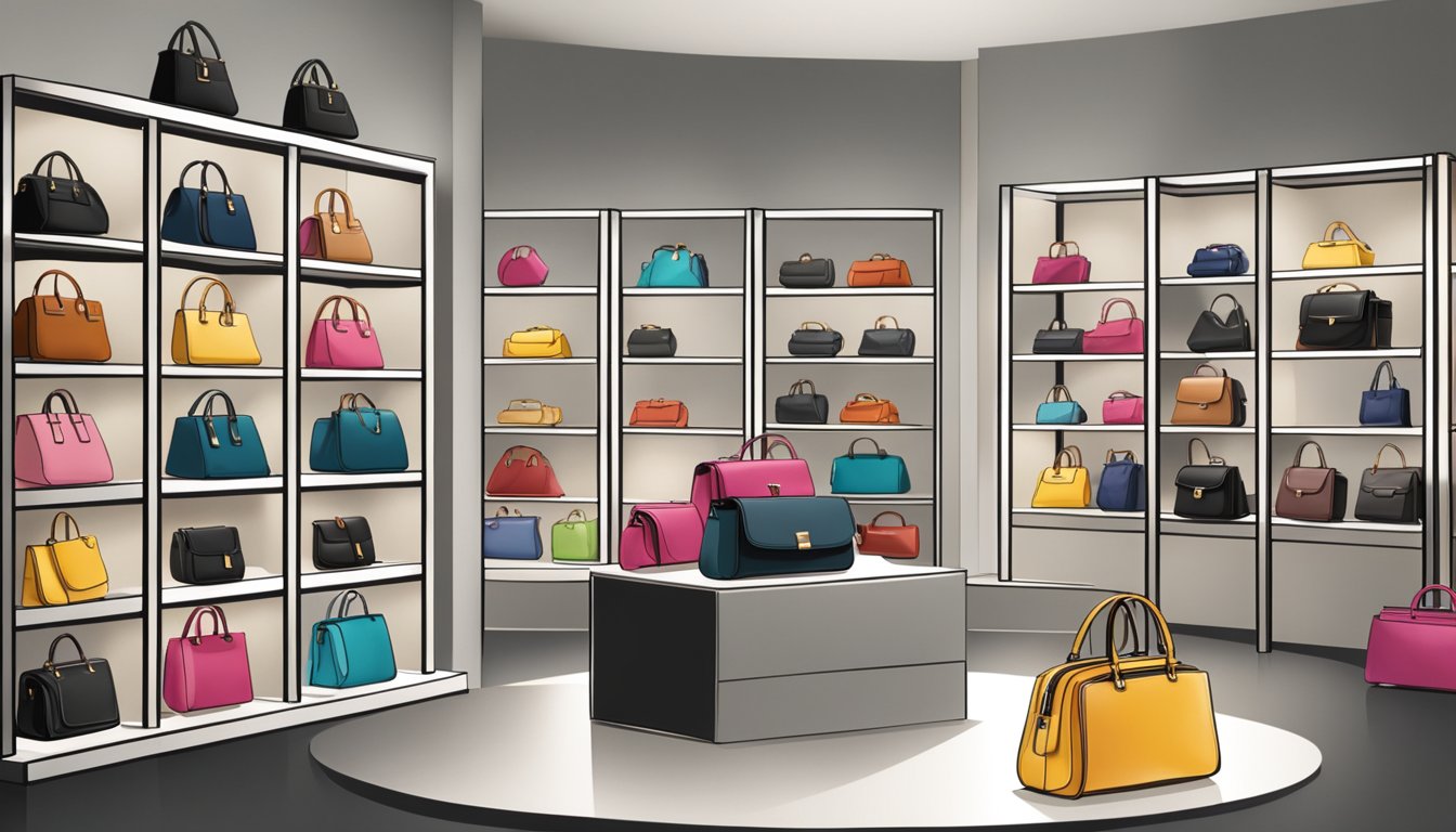 A display of stylish handbags arranged on sleek shelves in a modern boutique setting. The bags showcase a blend of practical design and aesthetic appeal