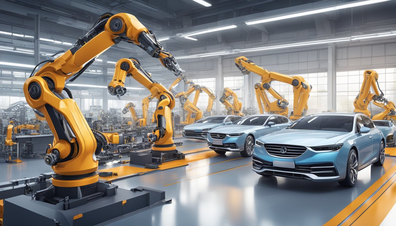 Robotic arms assemble cars in a futuristic factory, with advanced technology and automation from various car brands