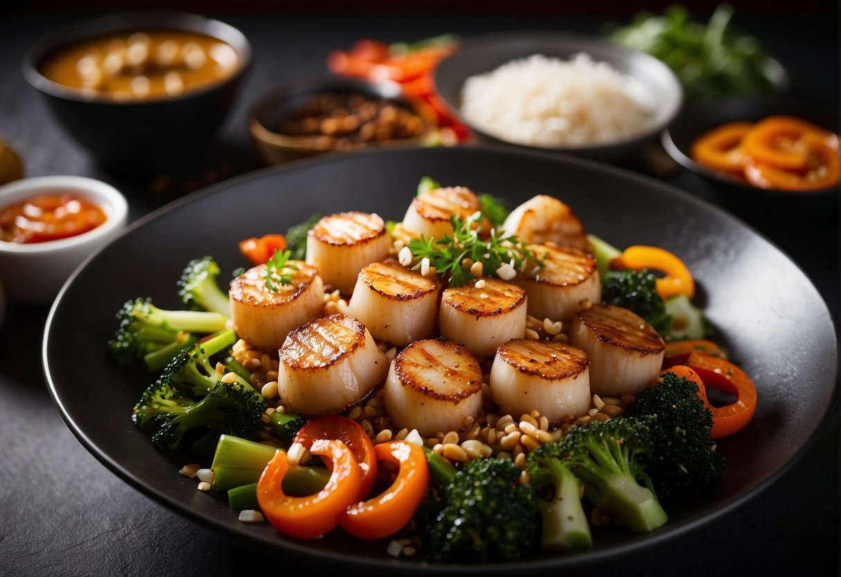 Sizzling wok with szechuan sauce and plump scallops, surrounded by vibrant vegetables and aromatic spices