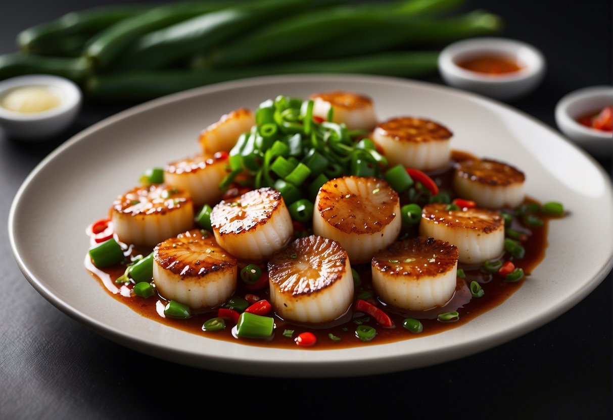 Sizzling scallops in a spicy Szechuan sauce, garnished with vibrant green scallions and red chili peppers, arranged on a sleek white plate
