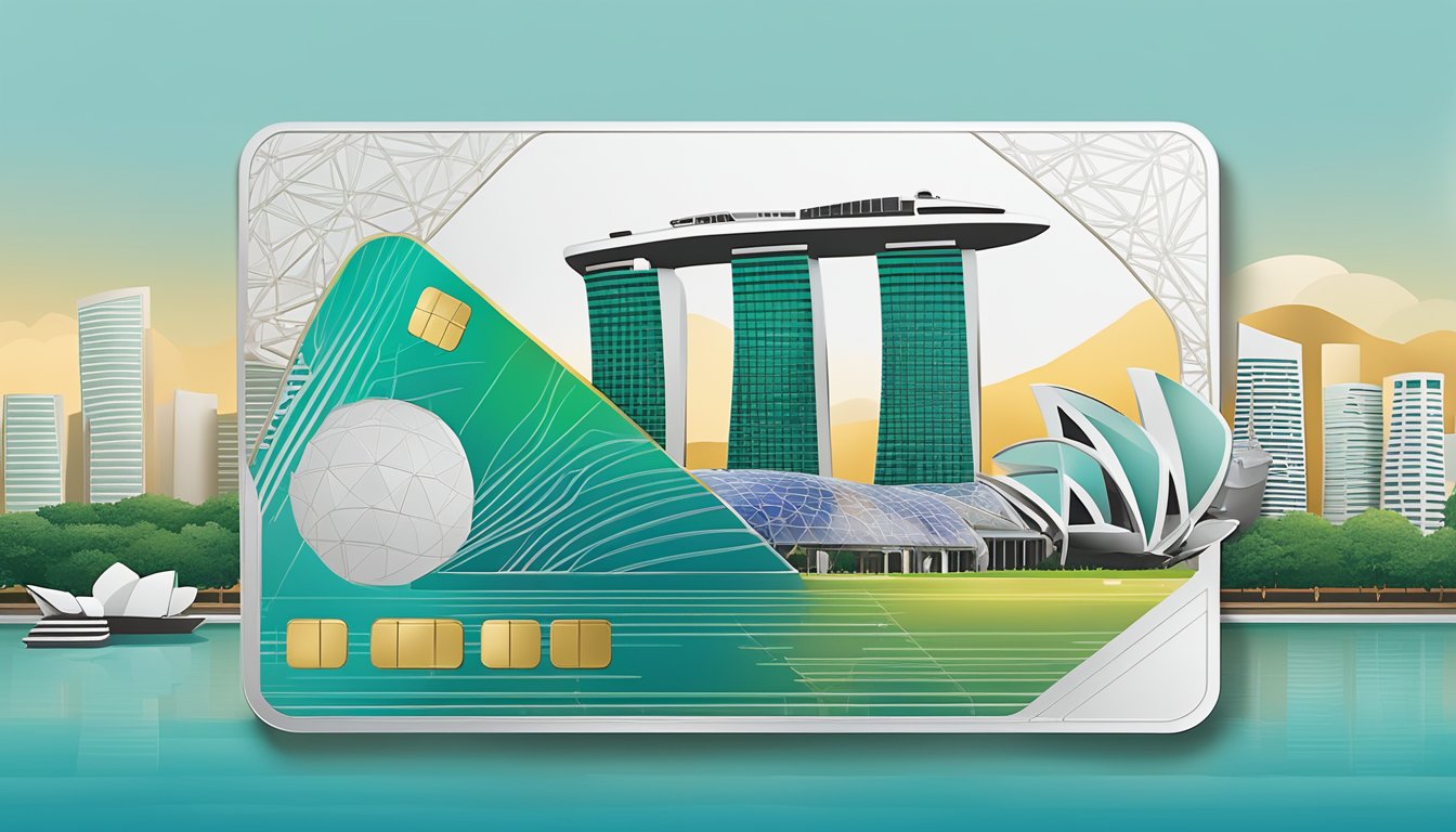 A sleek, metallic credit card with the OCBC VOYAGE logo, set against a backdrop of iconic Singapore landmarks like the Marina Bay Sands and Gardens by the Bay