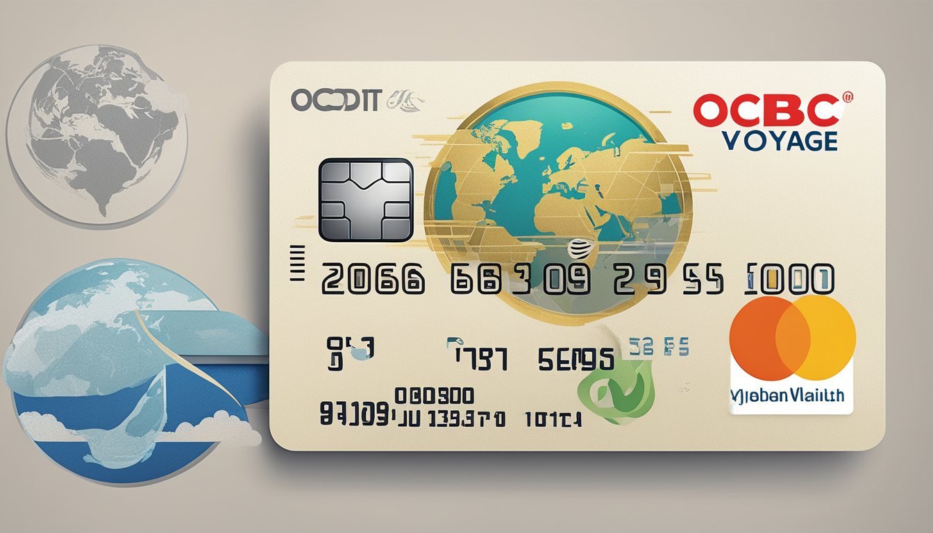 A credit card with "OCBC VOYAGE" logo surrounded by various fees and charges text