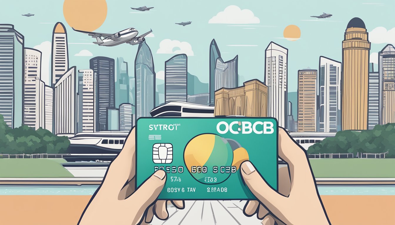 A hand holding an OCBC VOYAGE credit card with Singapore landmarks in the background