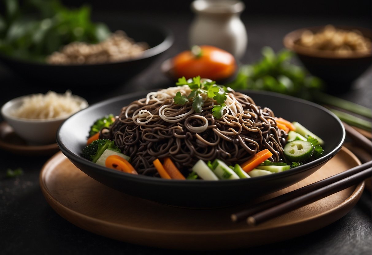 A steaming plate of black bean noodles with chopped vegetables and a pair of chopsticks resting on the side