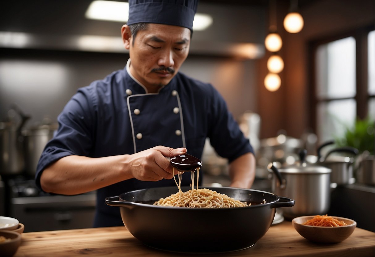 A Chinese chef mixes soy sauce, sesame oil, and black bean paste to create the savory sauce for black bean noodles