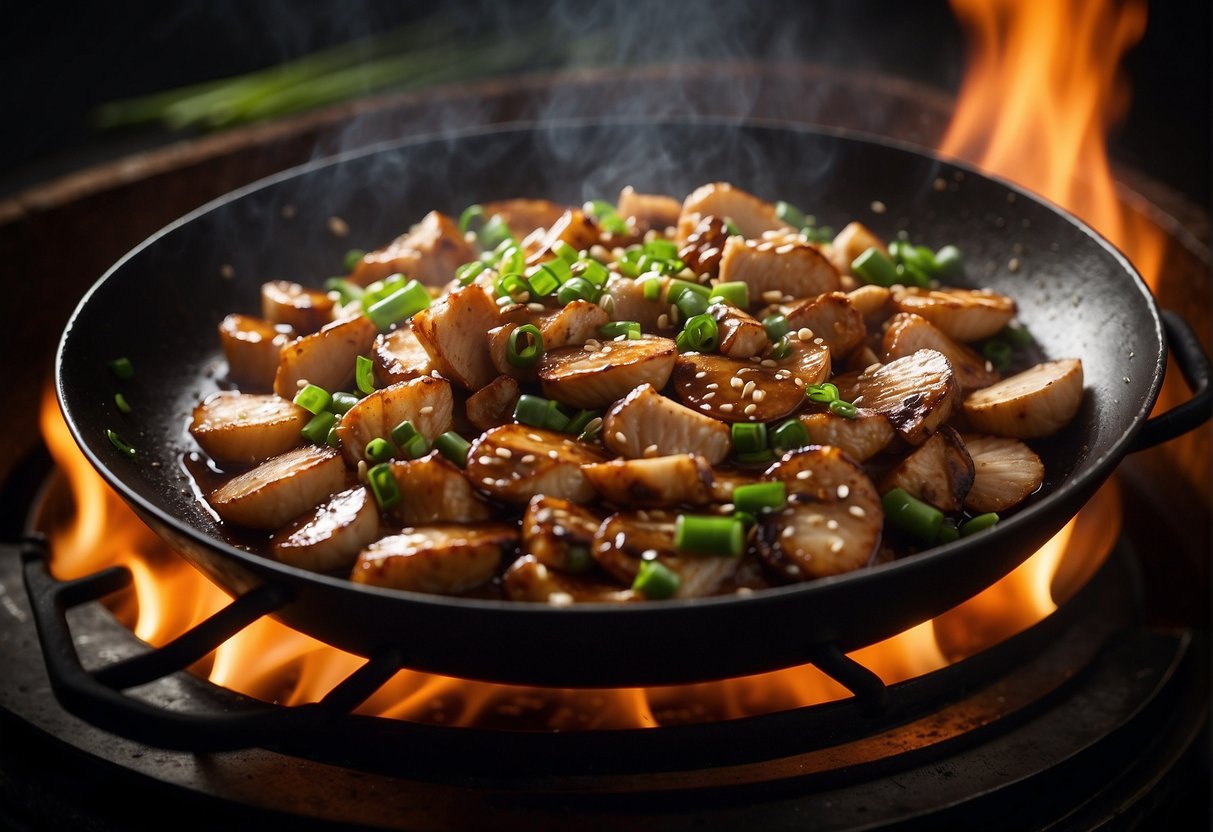 A wok sizzles with sliced chicken and mushrooms in a savory soy-based sauce, steaming over a high flame. Green onions and sesame seeds garnish the dish