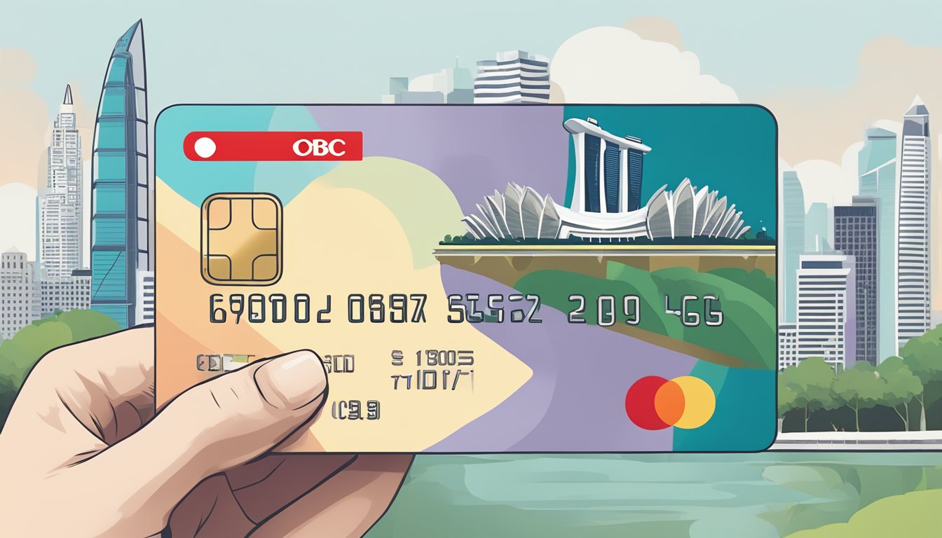 A hand holding an OCBC VOYAGE credit card, with iconic Singapore landmarks in the background