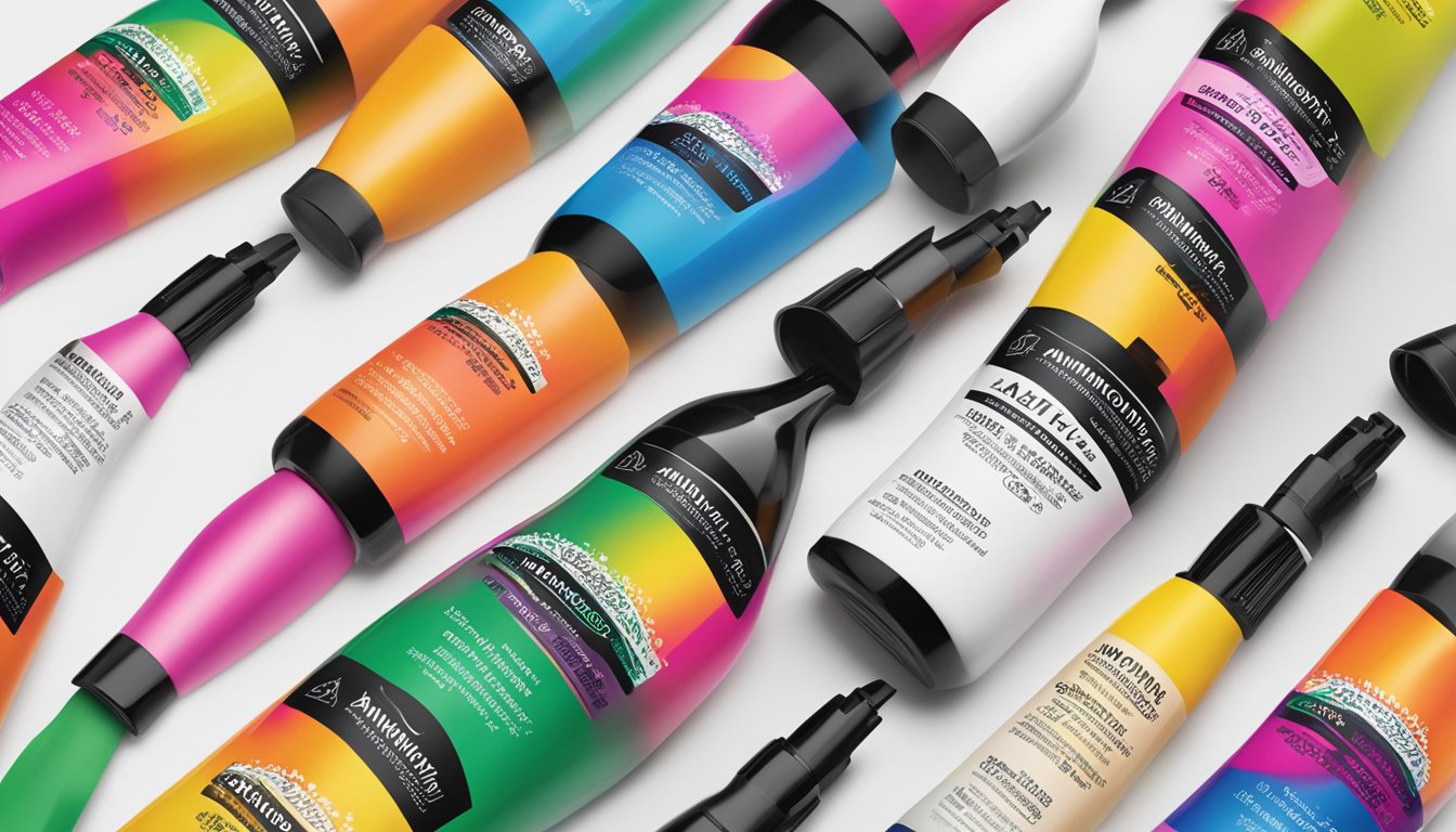 A bottle of ammonia-free hair dye sits on a clean, white countertop, surrounded by vibrant, colorful hair swatches. The label proudly displays the brand's logo and the words "ammonia-free" in bold lettering