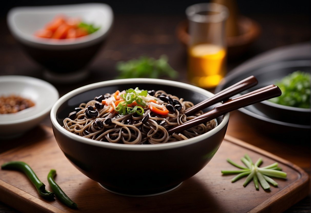 A steaming bowl of black bean noodles sits on a wooden table, surrounded by chopsticks, a spoon, and a small dish of chili oil