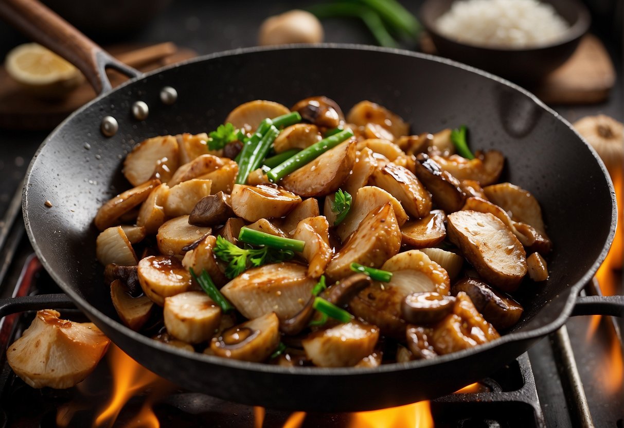 A wok sizzles as chicken and mushrooms stir-fry in fragrant garlic and ginger. Soy sauce and oyster sauce are added for a savory finish
