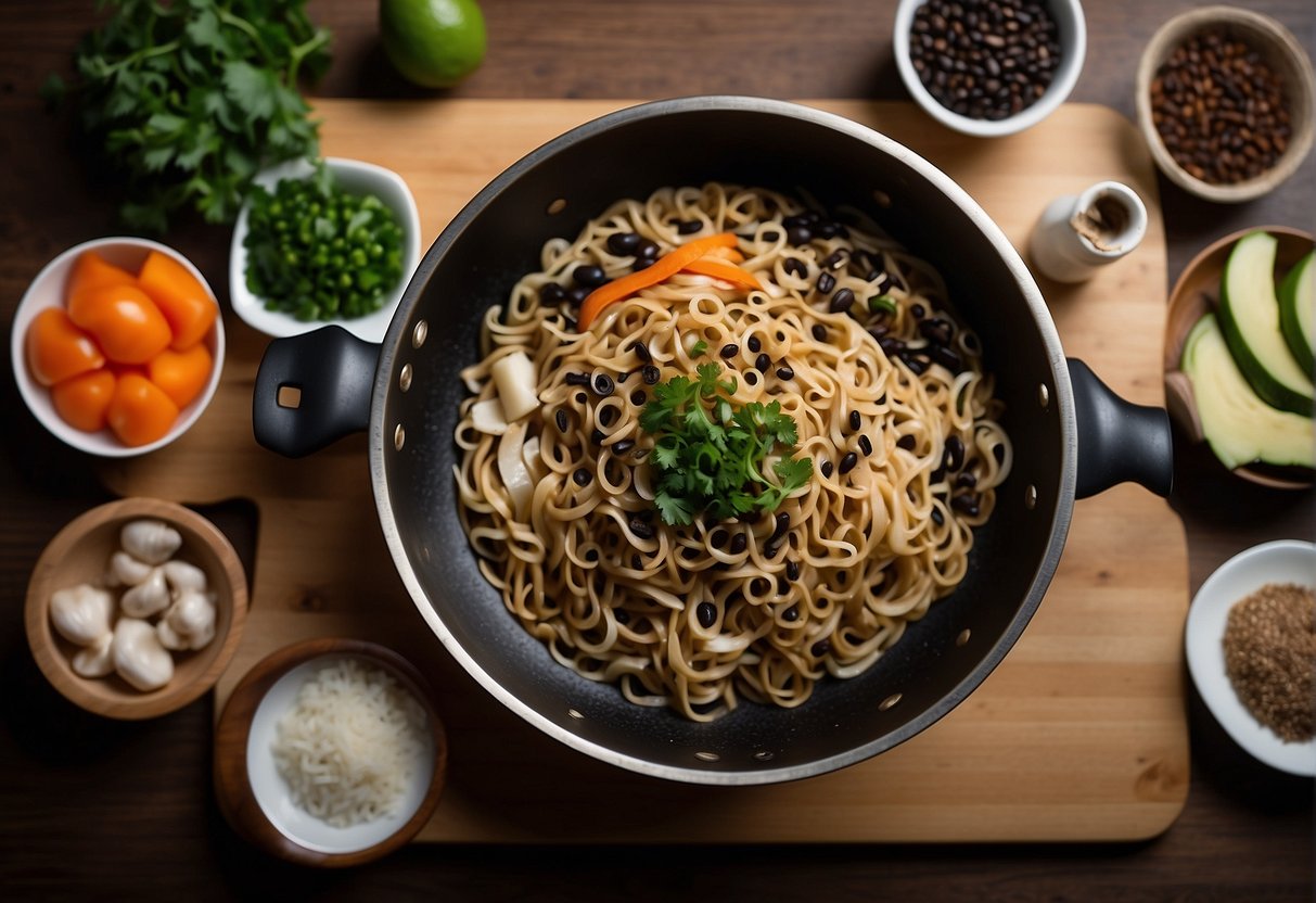 A pot of boiling water, a packet of black bean noodles, and various ingredients laid out on a cutting board. A wok sizzling with oil, as a chef stirs in the noodles and seasonings