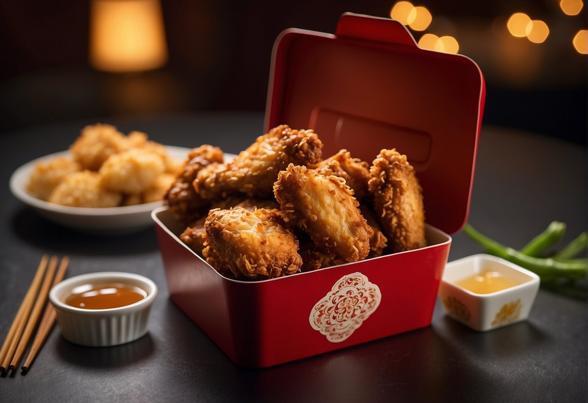 Golden fried chicken wings in a red takeout box with chopsticks and a side of soy sauce