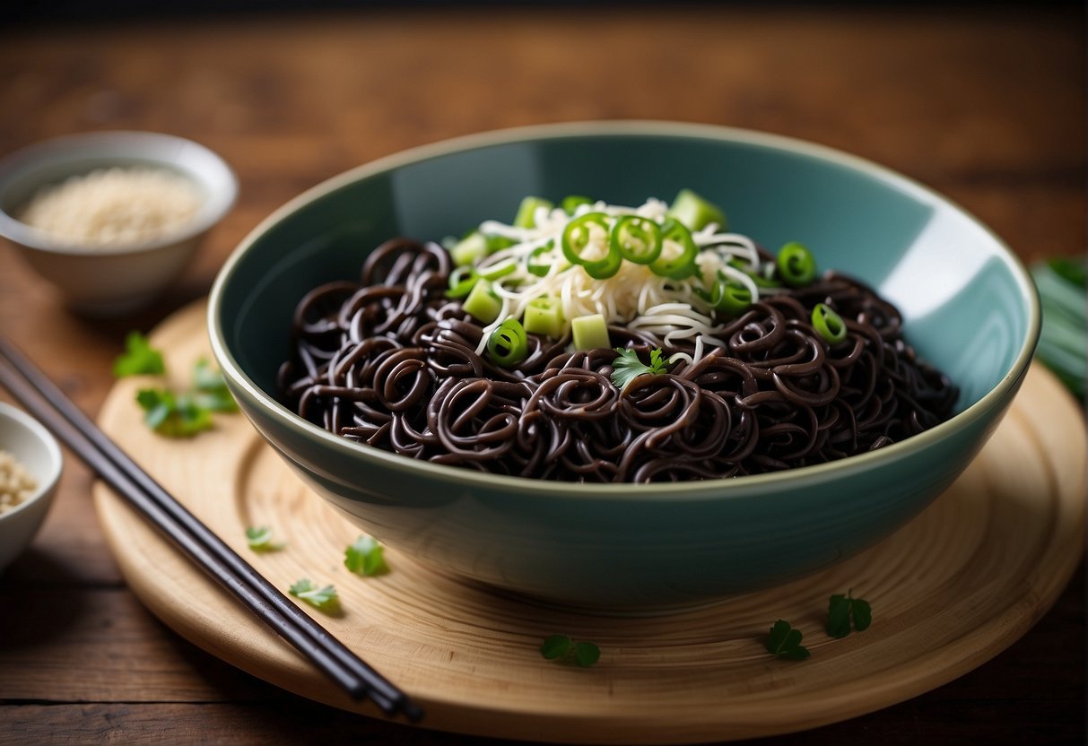 A steaming bowl of black bean noodles is placed on a wooden table, garnished with fresh green onions and sesame seeds. A pair of chopsticks rests on the side