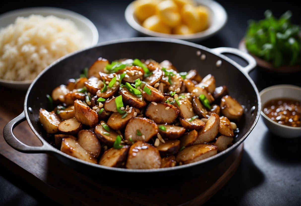 Sizzling wok stir-frying marinated chicken and mushrooms with aromatic garlic, ginger, and soy sauce