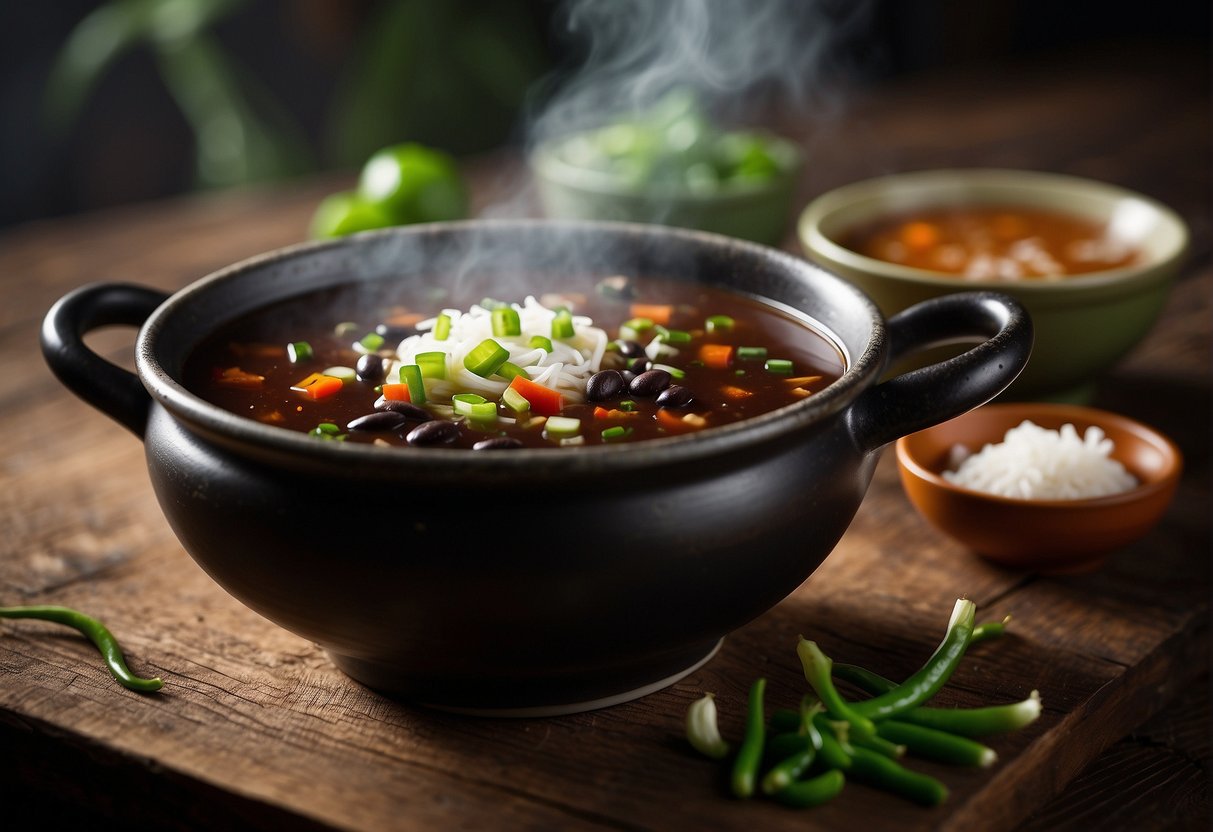 A steaming pot of Chinese-style black bean soup, garnished with green onions and floating chili oil on a rustic wooden table