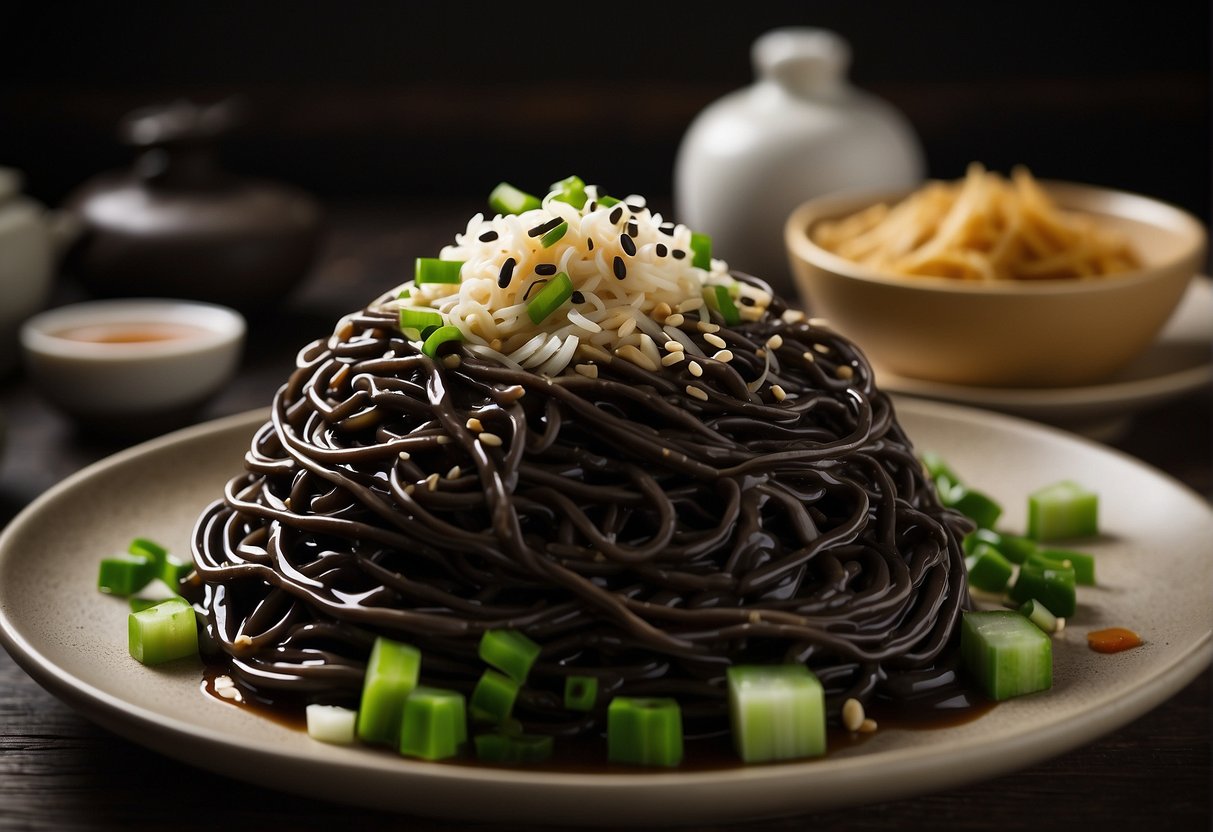 A steaming plate of black bean noodles, glistening with savory sauce and topped with fresh green onions and sesame seeds. A pair of chopsticks rest on the side, ready to dig in