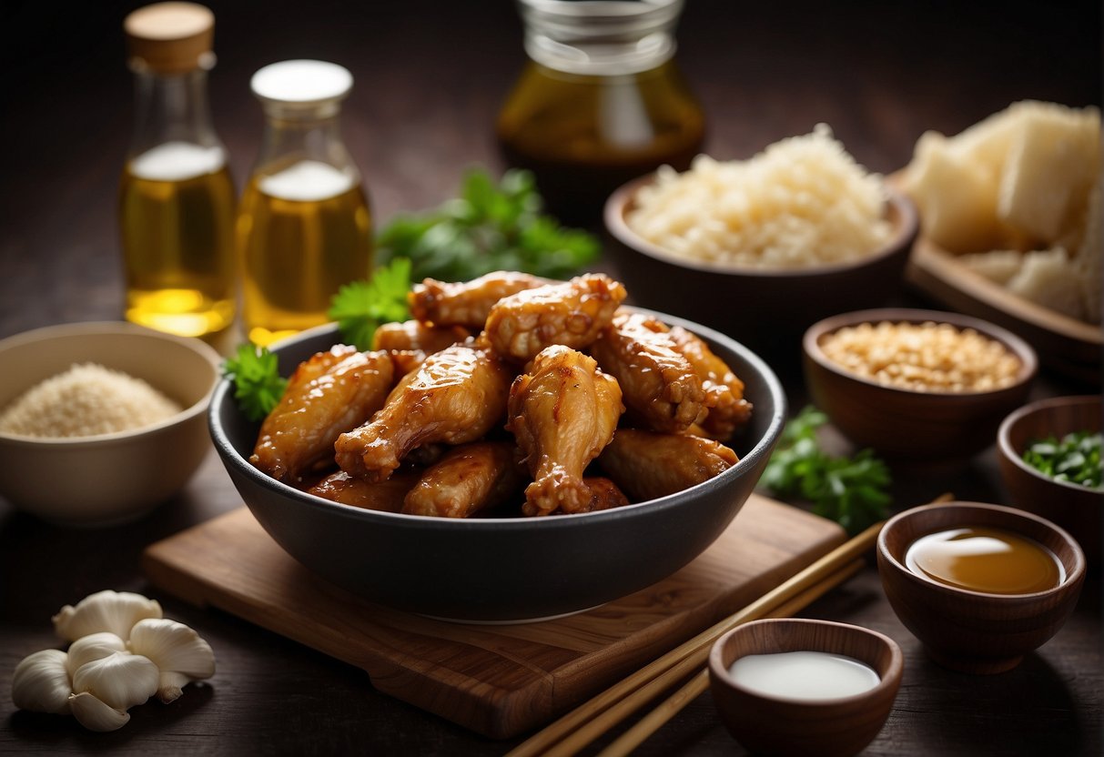 A table with various ingredients: chicken wings, soy sauce, garlic, ginger, cornstarch, and oil. Chopsticks and a mixing bowl are also present