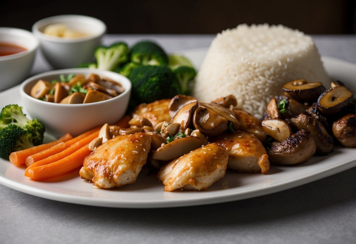 A plate of Chinese takeaway chicken and mushroom is paired with steamed rice and a side of stir-fried vegetables