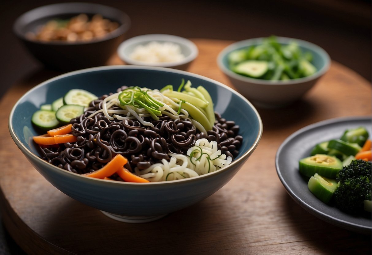 A steaming bowl of black bean noodles with chopsticks and a side of pickled vegetables on a wooden table