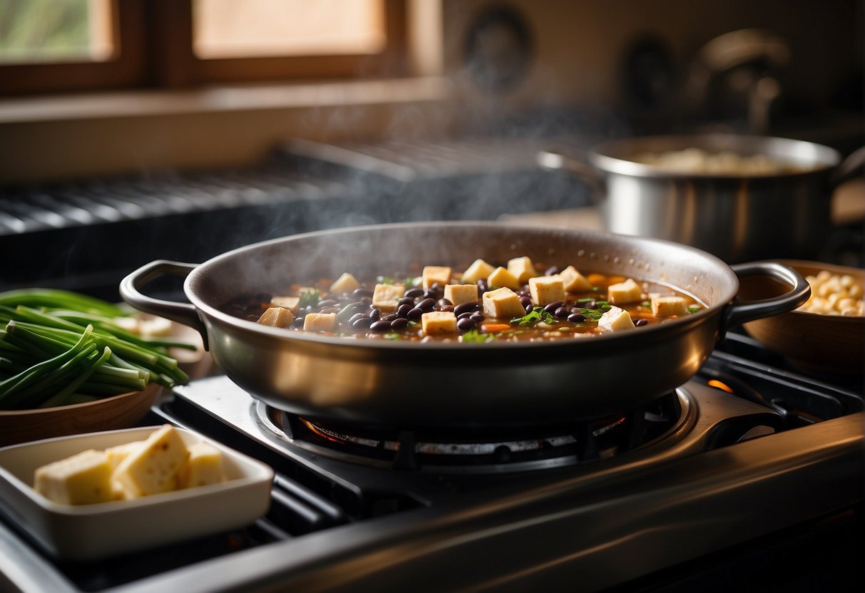 A pot simmering on a stove with black beans, ginger, garlic, and Chinese spices. Bowls of tofu, mushrooms, and green onions nearby for substitutions