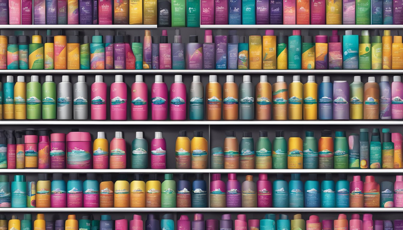A display of various ammonia-free hair dye brands with bold, colorful packaging arranged on a shelf