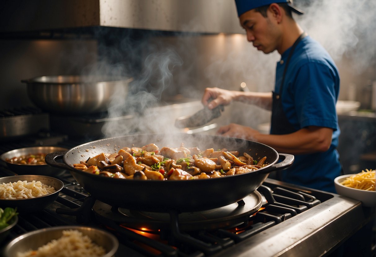 A steaming wok sizzles with tender chicken, earthy mushrooms, and savory sauce, while a chef expertly tosses the ingredients, creating a mouthwatering Chinese takeaway dish