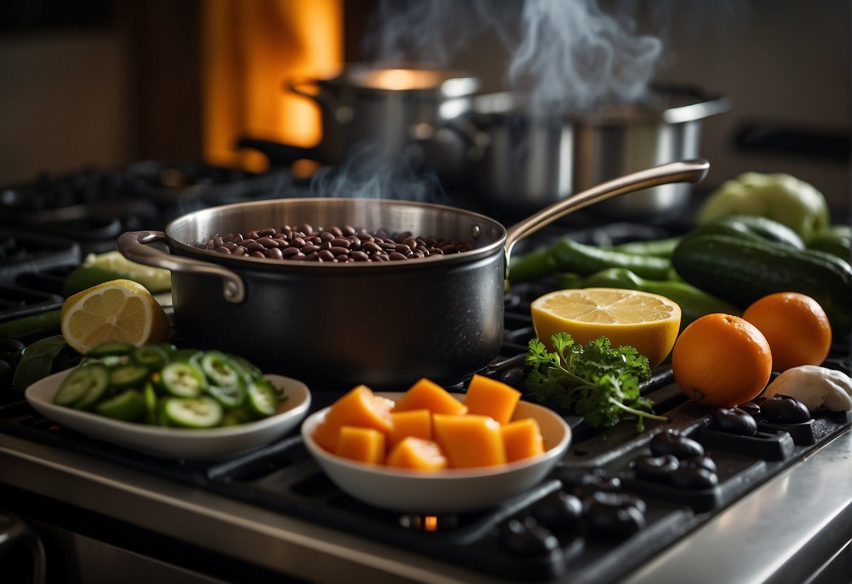 A pot simmers on a stove, filled with black beans, ginger, and spices. Chopped vegetables wait on a cutting board nearby