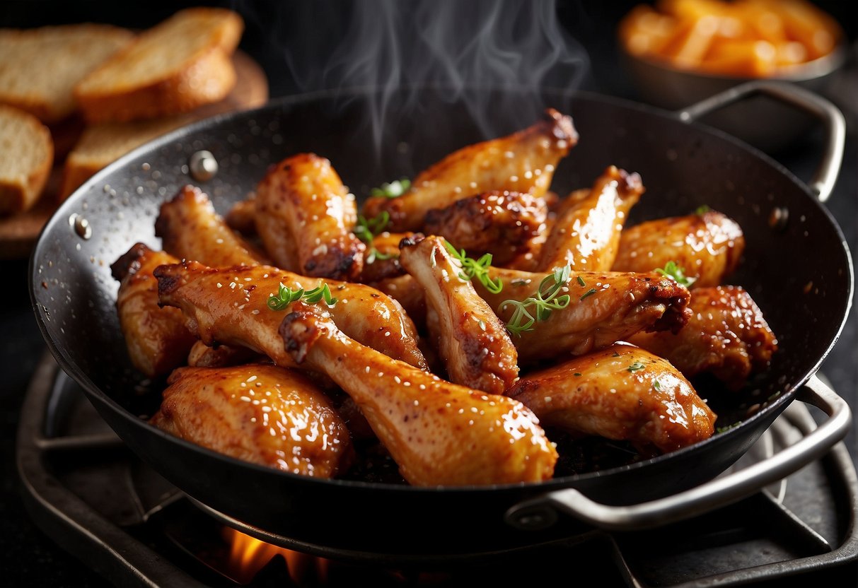 Golden brown chicken wings sizzling in a hot frying pan, emitting a mouthwatering aroma