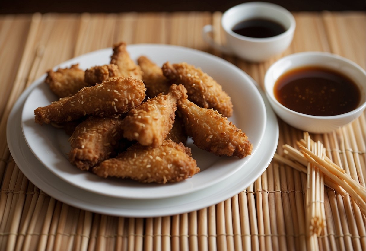 A plate of crispy fried chicken wings with a side of dipping sauce, chopsticks, and a fortune cookie on a bamboo placemat