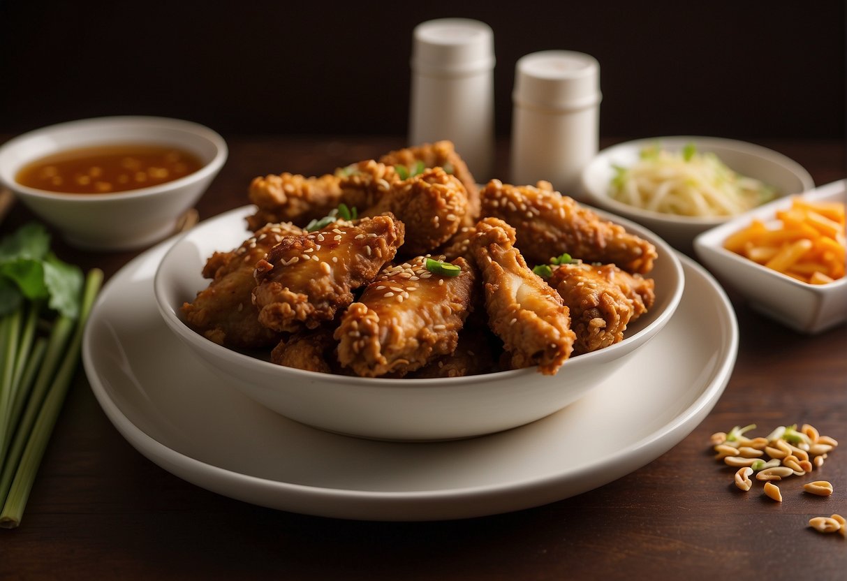 A table with a plate of golden brown fried chicken wings, surrounded by Chinese takeout containers and chopsticks. Ingredients like soy sauce and ginger are scattered around the table