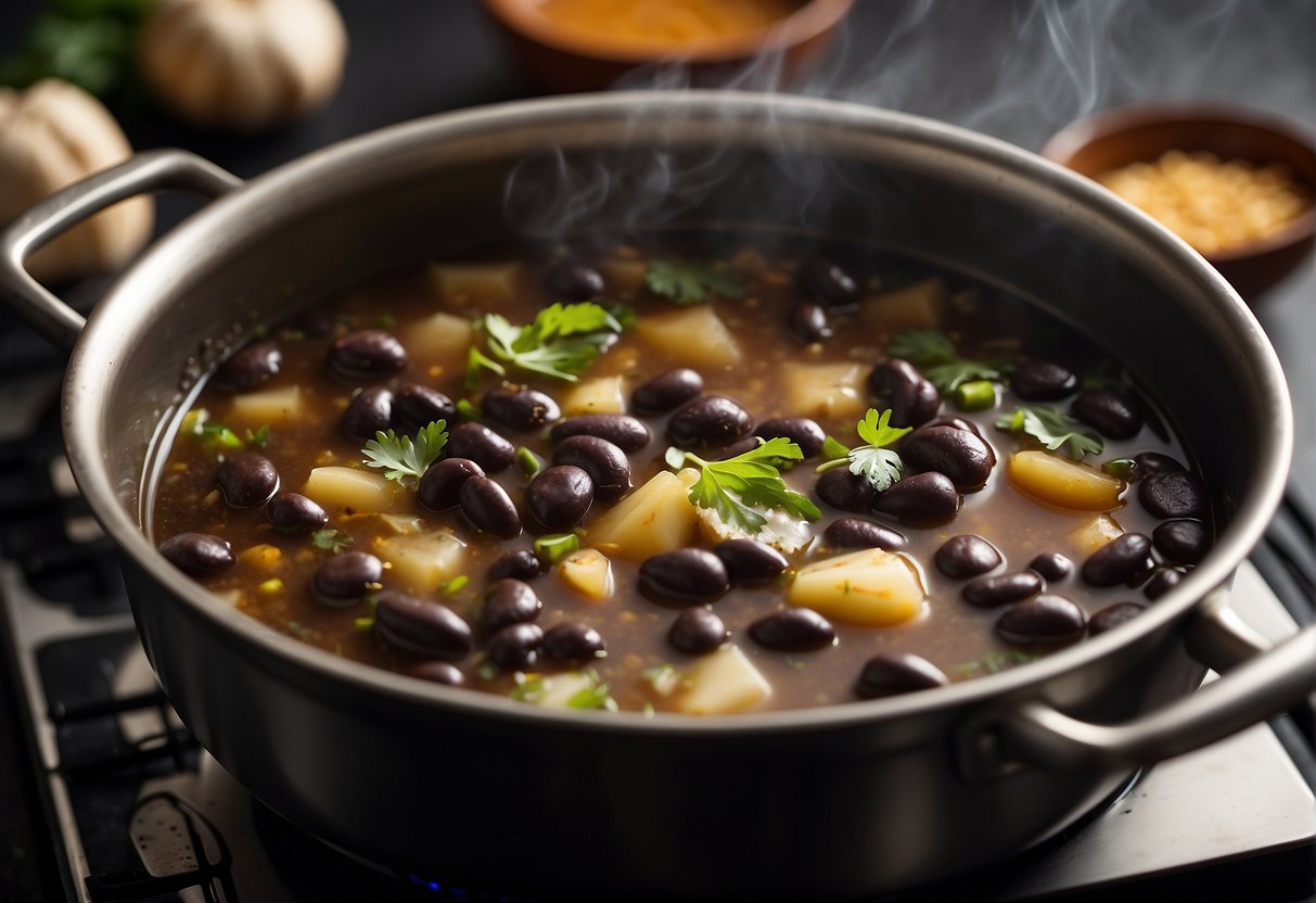 Black beans simmer in a fragrant broth with ginger, garlic, and spices. Steam rises from the pot as the soup cooks on a stovetop