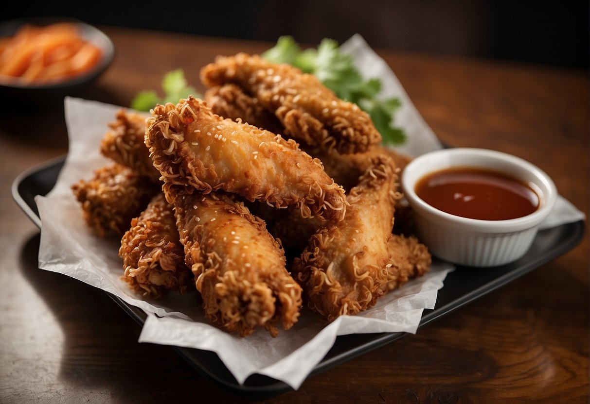 A steaming plate of crispy Chinese takeout fried chicken wings with a side of dipping sauce on a wooden table