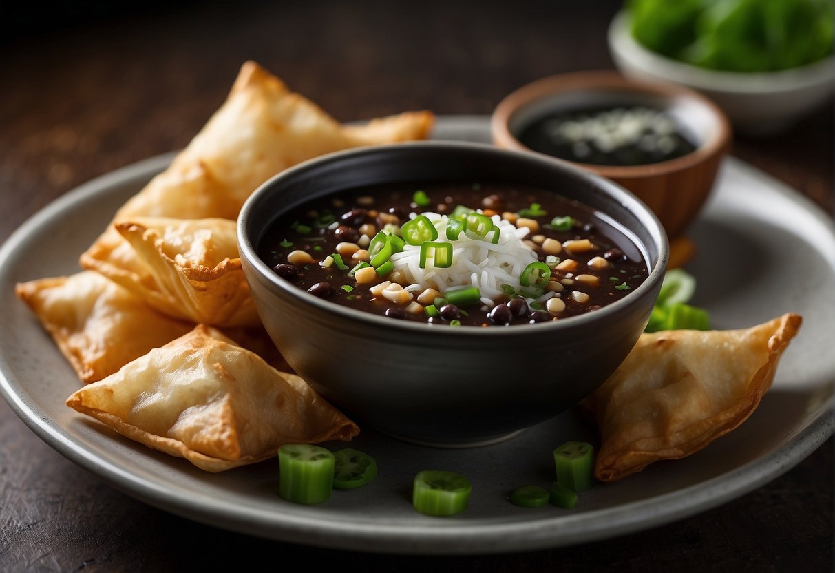 A steaming bowl of Chinese-style black bean soup is placed next to a plate of crispy fried wontons, garnished with sliced green onions and a sprinkle of sesame seeds