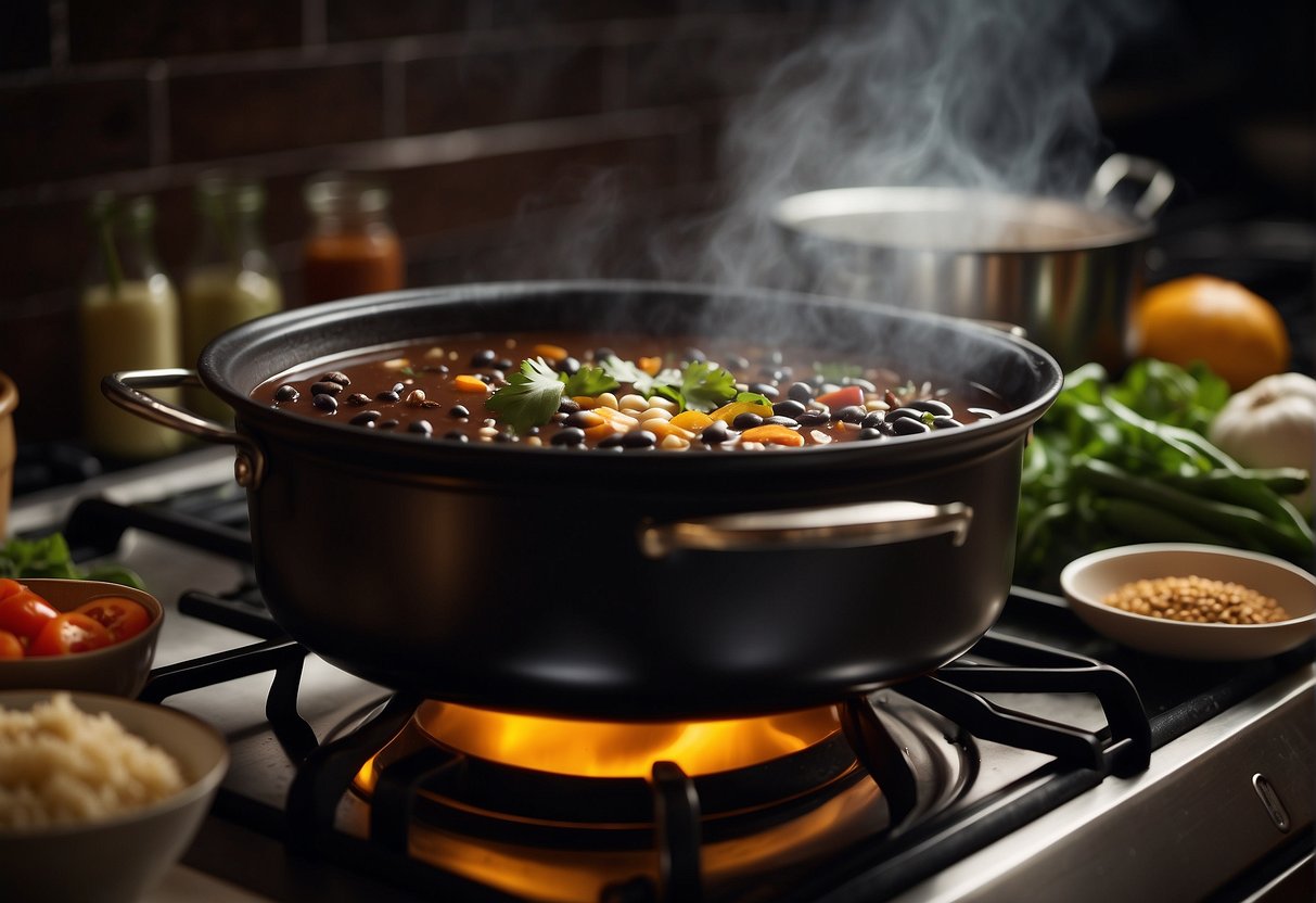A pot of simmering black bean soup sits on a stove, surrounded by various Chinese spices and ingredients. Steam rises from the pot, filling the kitchen with rich, savory aromas