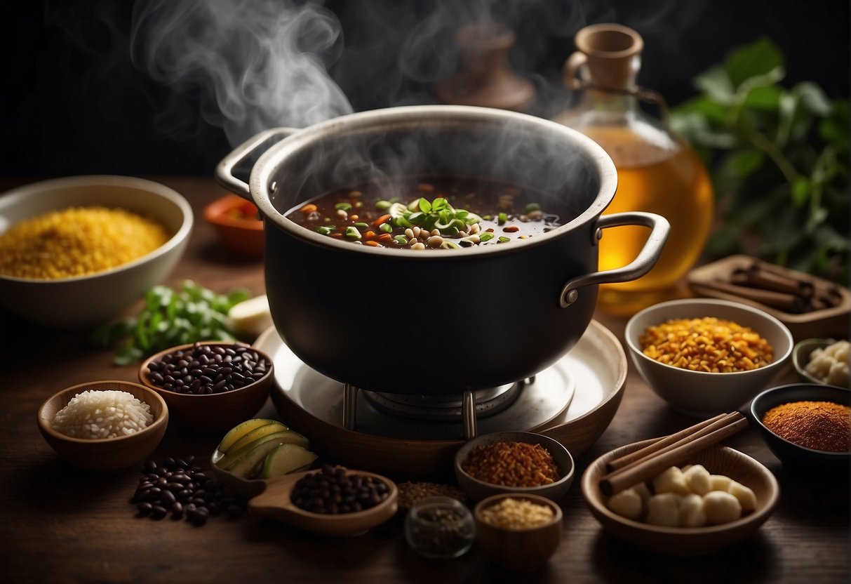 A steaming pot of black bean soup simmers on a stove, surrounded by Chinese spices and ingredients. A ladle rests on the side, ready to serve