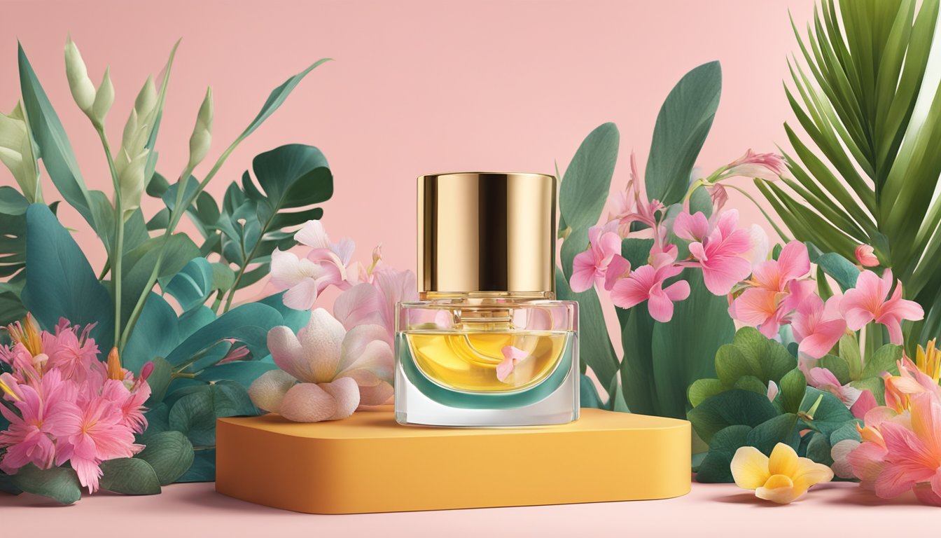 A bottle of Singapore perfume brand sits on a sleek, modern display stand, surrounded by exotic botanicals and vibrant, colorful packaging