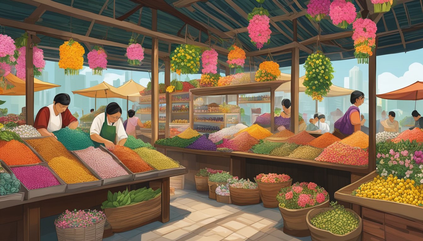 A traditional Singaporean market stall showcases fragrant spices and flowers used in local perfume-making. The vibrant colors and exotic scents evoke the rich history and culture of Singaporean perfumery