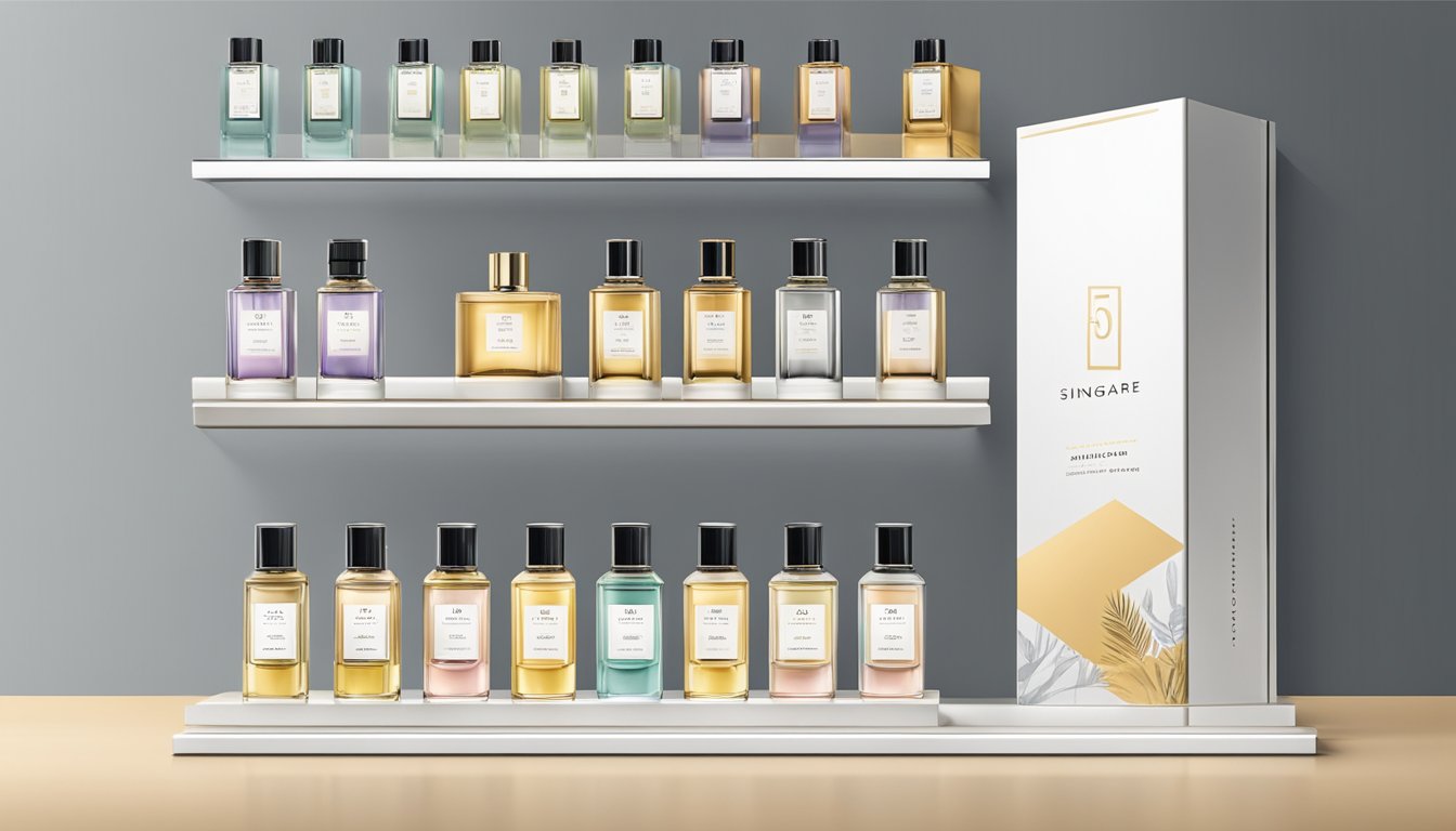A display of iconic Singapore perfume brands on a sleek, modern shelf with minimalist branding and elegant packaging