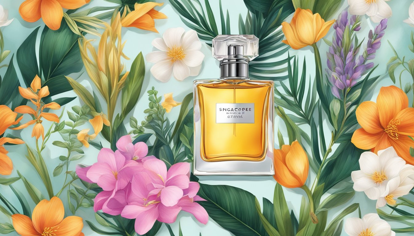 A sleek, modern perfume bottle stands on a reflective surface, surrounded by exotic flowers and vibrant spices, evoking the essence of Experience and Discovery's Singapore-inspired scents