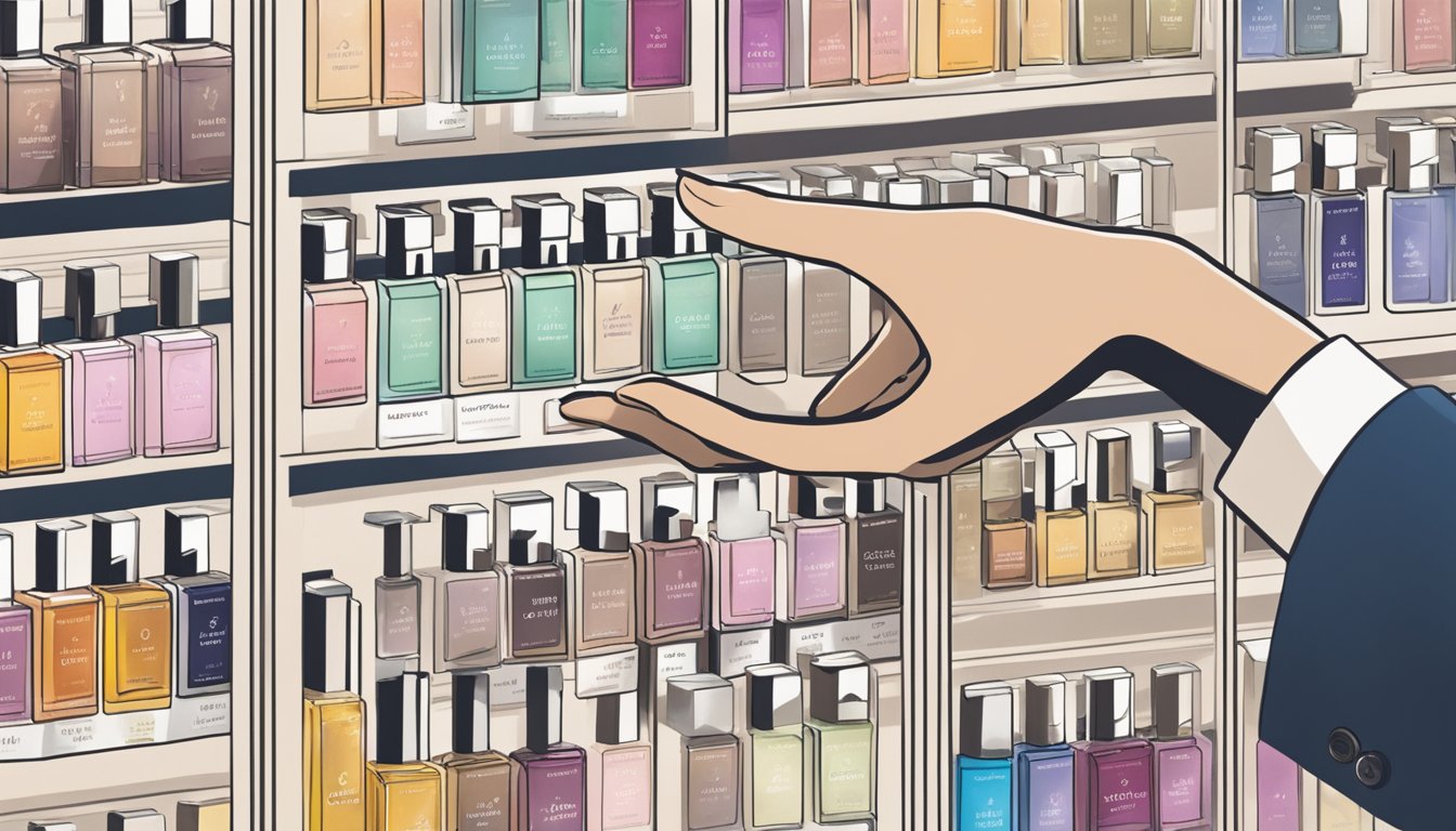 A hand reaches for a bottle labeled "Selecting Your Ideal Scent" from a display of Singapore perfume brand options