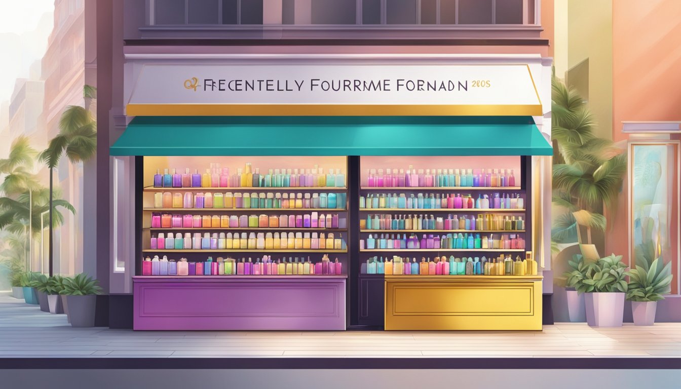 A sleek, modern storefront with a large display of colorful perfume bottles. A sign above reads "Frequently Asked Questions" for a Singapore perfume brand
