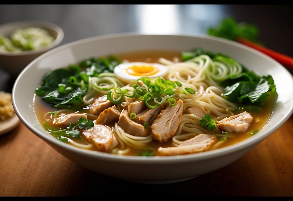 A steaming bowl of Chinese chicken noodle soup with sliced chicken, bok choy, and egg noodles in a clear, savory broth. Garnished with green onions and cilantro. Soy sauce and chili oil on the side