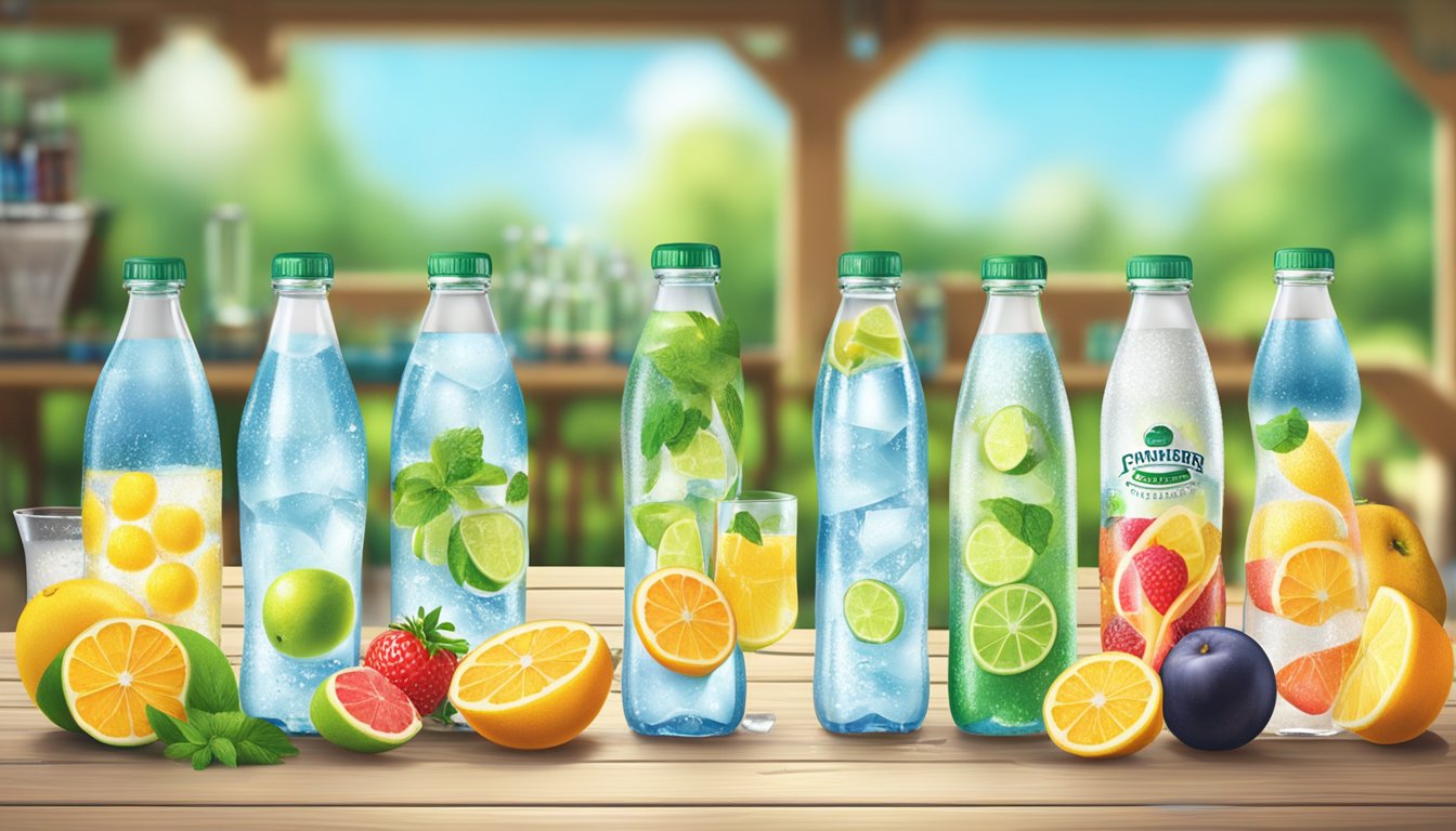 A variety of sparkling water brands arranged on a wooden table with fresh fruits and ice cubes in the background