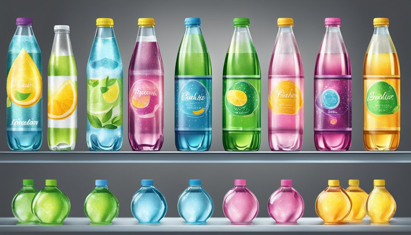 Bottles of sparkling water lined up on a shelf, with vibrant and eye-catching labels. Light reflects off the glass, creating a sparkling effect