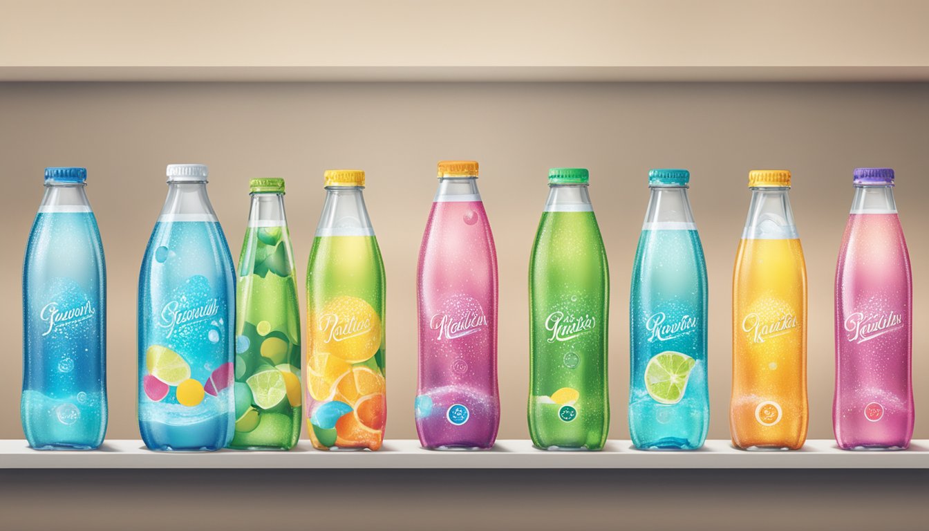 Various sparkling water brands displayed on a shelf with colorful packaging and bubbles floating above the bottles