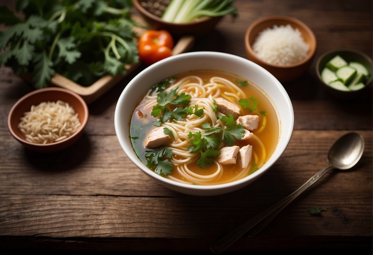 A steaming bowl of Chinese chicken noodle soup sits on a rustic wooden table, surrounded by fresh ingredients and a handwritten note detailing its nutritional information